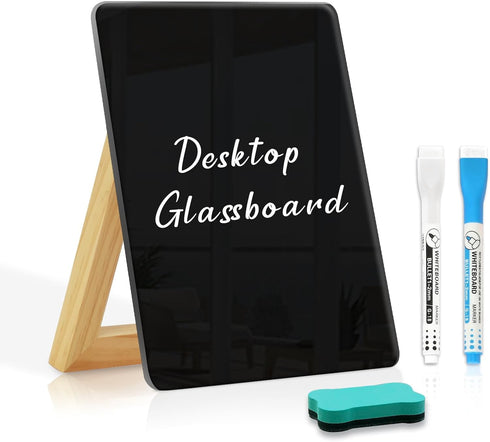 Desktop Black Glass Dry Erase Board, Small Whiteboard with Adjustable Wood Stand, 9.5" x 6.7" for Home Office