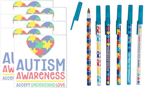 Autism Awareness Pens and Sticky Note Pads, 12 Piece Bundle (Autism Sticky Notes Style 1)