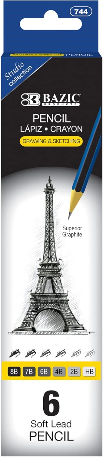 BAZIC Drawing Sketching Pencil Set, Professional Graphite Kit, HB 2B 4B 6B 7B 8B, 6/Pack