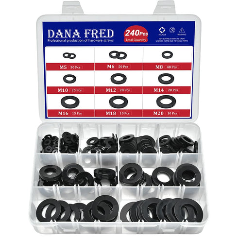 240pcs Nylon Large Flat Round Washer Spacer, 9 Sizes Black Flat Washers Assortment Kit for Screw Hardware Tool