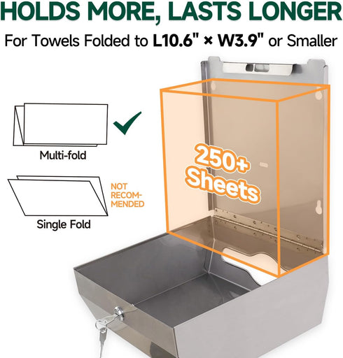 250-Sheet 10.6" 3.9") anydry Wall Mount Paper Towel Dispenser Capacity Brushed Stainless Steel Lockable Fits