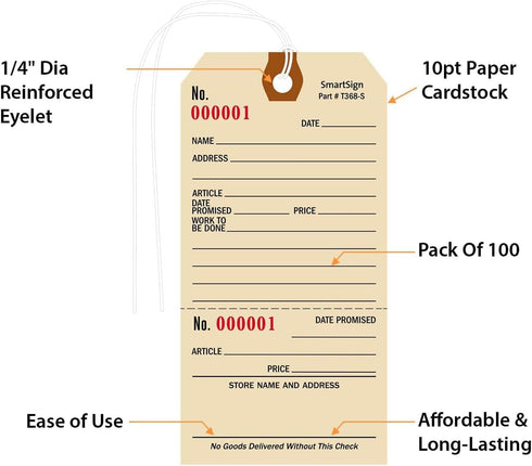 SmartSign 5.25 x 2.625 inch Numbered Repair Tags (Pack of 100) with Pre-Attached String, 10 Point Manila Cardstock