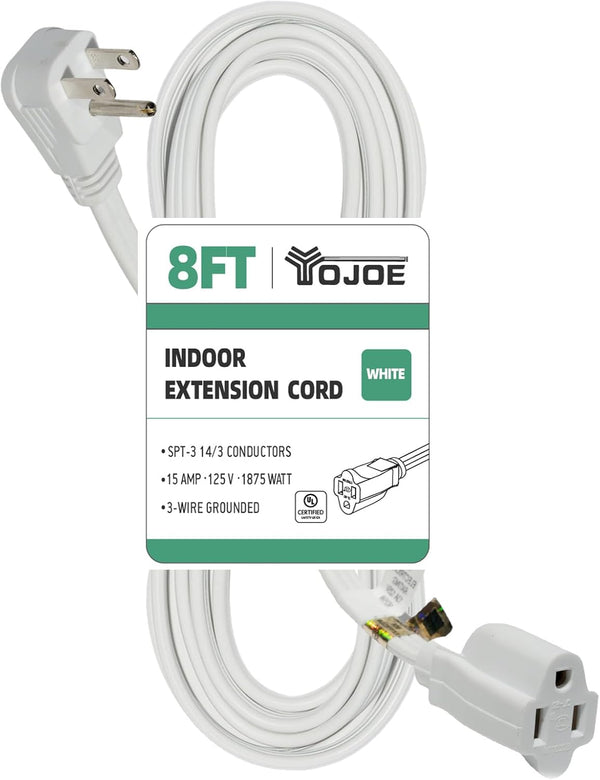 YOJOE 14/3 8 ft White Flat Plug Extension Cord, 14AWG 3 Prong Grounded Wire for Christmas Lights, UL Listed