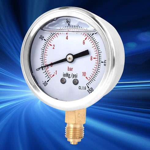 Heayzoki Oil Filled Pressure Gauge, 1/4 BSP Lower Mount, Stainless Steel Liquid Filled, -1-10 bar, Dual Scale