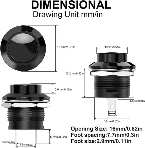 20Pcs AC250V/3A AC125V/6A Off(ON) NO Lock Round Momentary Push Button Switch, Black Cap