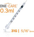 0.3 ml/cc, 31G 5/16 (8mm), 100 ONE-CARE Syringe x Individually Wrapped, Orange Cap, Box of pcs