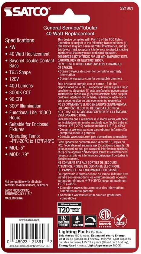 Satco 21861-4T6.5/LED/CL/930/120V/DC/1CD Double Contact Bayonet Base Tubular Exit Light Bulb (S21861)