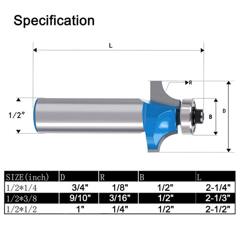 3pcs Set 1/2 inch 1/8", 3/16", 1/4" Newdeli Roundover Router Bits Shank, Bearing Guide Rounding Edge Forming Bits