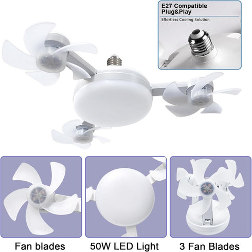 amgolibi Bulb Dimmable 3-Speed, Bulb Socket Fan Light with Remote, Screw in Ceiling Fan, Light Fan with LED, Easy