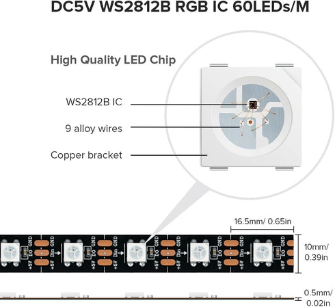 WS2812B 3.3FT/1M 60LEDs/m Programmable 5050SMD IP30 DC5V SEZO LED Strip Light Individually Addressable Digital RGB