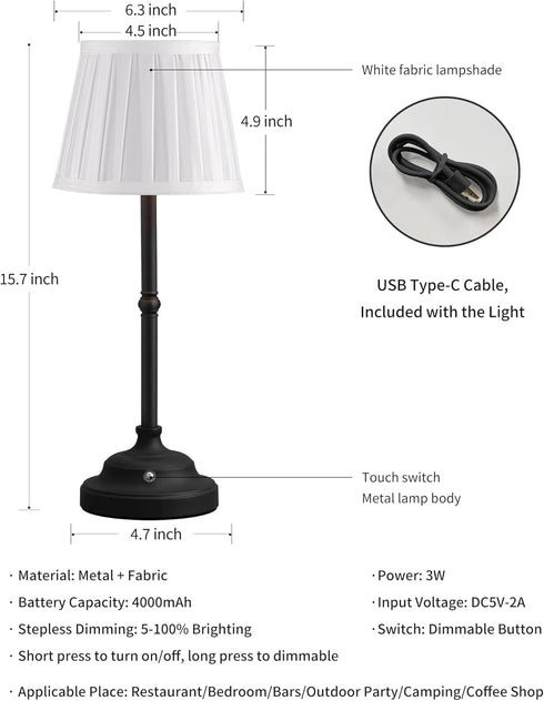 4000mAh Dimmable KDG Cordless LED Table Lamp, Portables Fabric Shade Desk Lamps, Rechargeable Battery Powered Lighting