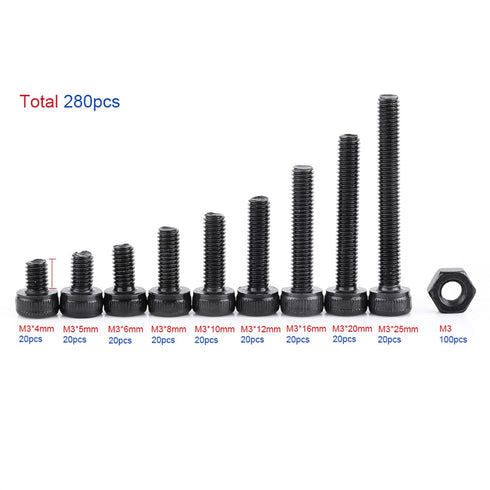 280Pcs M3 Hexagon Socket Screw Nut Set - Black Socket Head Screws, Lengths 4/5/6/8/10/12/16/20/25mm
