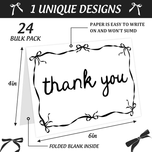 Quera 24 6 4 Inches Pcs Black Bow Thank You Cards Greeting Cards with Envelope for Baby Shower Invitations Bridal