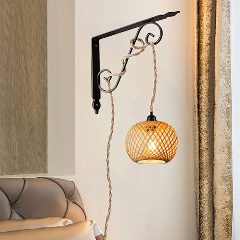 EcoGehen 15ft Boho Plug in Pendant Light Wicker Rattan Hanging Lights with Hemp Rope Cord MINI Bamboo Lampshade Wall