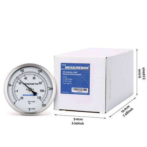 Measureman Fully Stainless Steel Pot, Kettle with Bimetal Dial Thermometer, 3" Dial, 0-250 deg F, Adjustable, 1/2" NPT