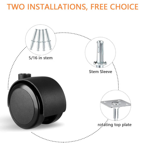 2 inch Caster Wheels (casters Set of 4) 5/16 inch Valve stem and Rotating top Plate Installation Options,heavy duty casters Total Load Capacity 1000LBS, Replaceable Wheels for furniture(Black)