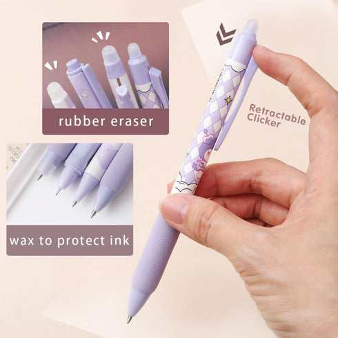 Erasable Pens Black Ink Gel Pen with Eraser Clear, Cute Pen for Girls and Boys,0.5mm Fine Point, Smooth Writing for Note Taking Marking Planner Crossword Puzzles (Purple) by Edu4Fun