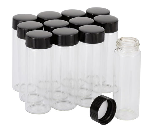 12 Pack of 3 inches, 30 ML Clear Glass Bottles, Storage Container Sample Cosmetic Vials with Black Caps