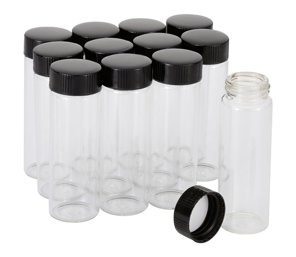 12 Pack of 3 inches, 30 ML Clear Glass Bottles, Storage Container Sample Cosmetic Vials with Black Caps