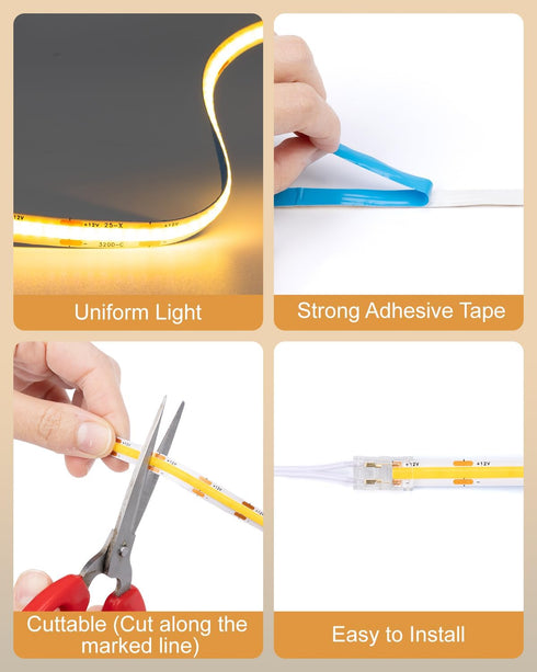 16.4ft Dimmable 3000K, Closet, JUSJUBR LED Shelf Lights, Cuttable COB LED Strip Lights, Warm White Under Shelf Lighting