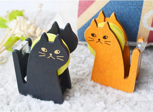 Cute Cat Tape Dispenser, Vintage Wooden Kitty Tape Cutter with 1 Roll Tape for Home Office, Students, Girls, Boys