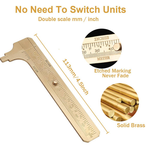 Brass Pocket Caliper - Double Scale Sliding Gauge, Mini Vernier Caliper for Measuring Jewelry