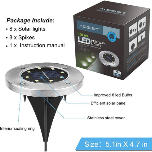 Aogist Solar Ground Lights, 8 LED Garden Lights Patio Disk Lights In-Ground Outdoor Landscape Lighting for Lawn Patio Pathway Yard Deck Walkway (White,4 Packs) by Aogist