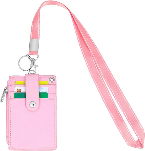 HASFINE ID Badge Holder with Lanyard, 2 Sided 5 Card Slots Wallet with PU Leather Zipper Pocket, Pink