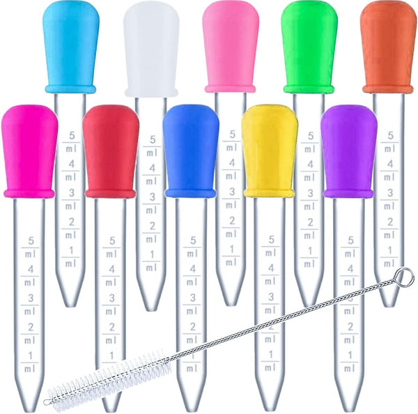 HiMo 10 Pack Liquid Pipettes Droppers, 5ml Clear Medicine Eye Dropper for Kids with Bulb Tip & Clean Brush