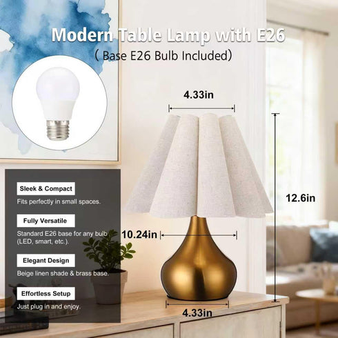 Dolymoly Small Table Lamp Pleated Table Lamp Fabric Shade Desk Lamp Gold Base Mini Bedside Nightstand Lamp with Beige