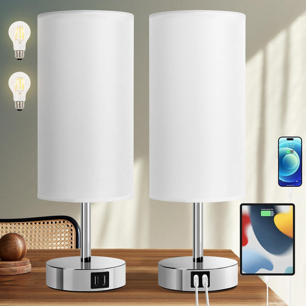 Yarra-Decor Bedside Lamps with USB Port - Touch Control 3 Way Dimmable Nightstand Lamp Set of 2 (White)