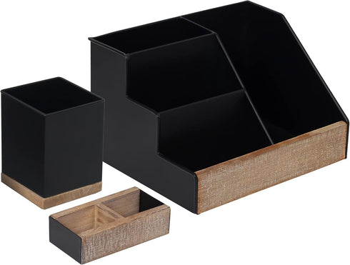 HBCY Creations 3 Piece Black Metal Desk Organizer Set, Rustic Mail Organizer, Rustic Industrial Home Decor