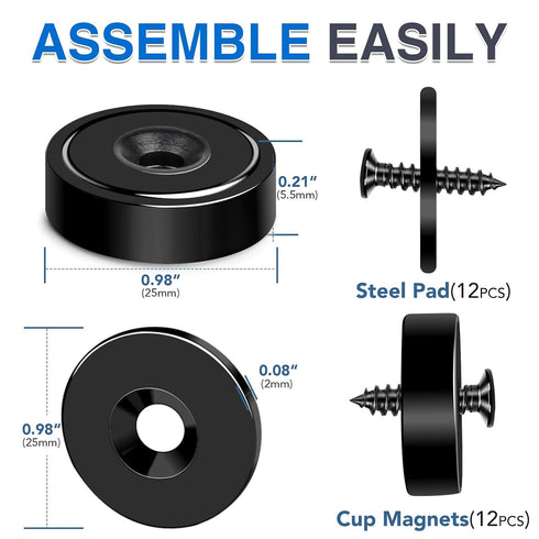 12Pack 70Lbs+ Countersunk 0.98x0.22inch MIKEDE Strong Neodymium Cup Magnets, Force Heavy Duty Black Round Base Cup