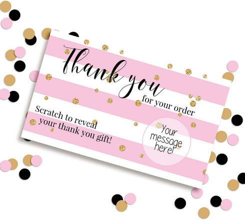 Pink Stripes Scratch & Win Customer Appreciation Package Inserts, 20 Single Sided Insert Cards with Scratch Off