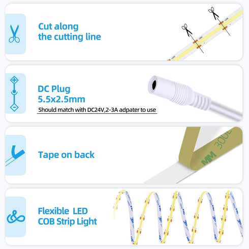 24V 6000K LED16.4ft 14W/m, 8mm Commercial LED Strip Lights COB LED Daylight White Super Bright Dotless High Density