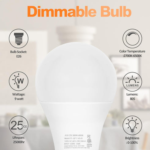 2 Packs Remote Control Bulb Set, A19 LED Light Bulbs Dimmable Stepless 2700K-6000K, 805 LM, E26 Base, 25000+ Hours Lifespan, LED Bulb for Pendant Light, Table Light, Floor Lamp by Brilvibera