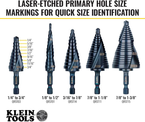 Klein Tools QRST03 Step Drill Bit, Quick Release Spiral Double-Fluted, 1/4 to 3/4-Inch, Hex Shank for Cutting Steel,