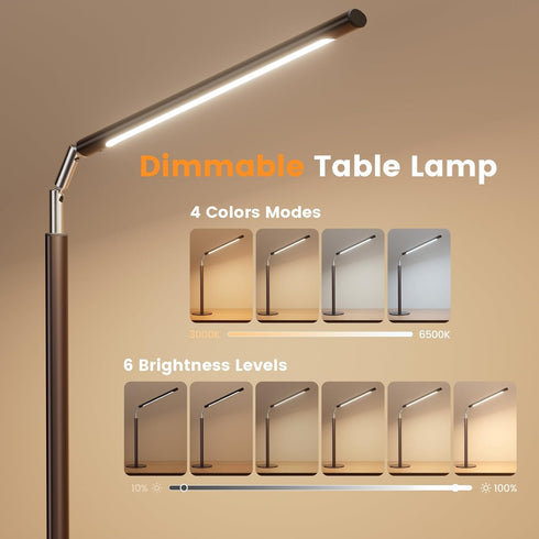 16" 15W, 1200LM, Dimmable Brown LED Desk Lamp - Foldable Metal Desk Light with Base, Color Changing Table Lamp