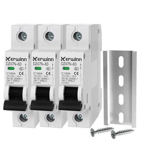 3PCS Miniature Circuit Breaker, 120V/240V AC, 1 Pole, 16Amp, Smart DIN Rail Mount for Marine, Solar Systems