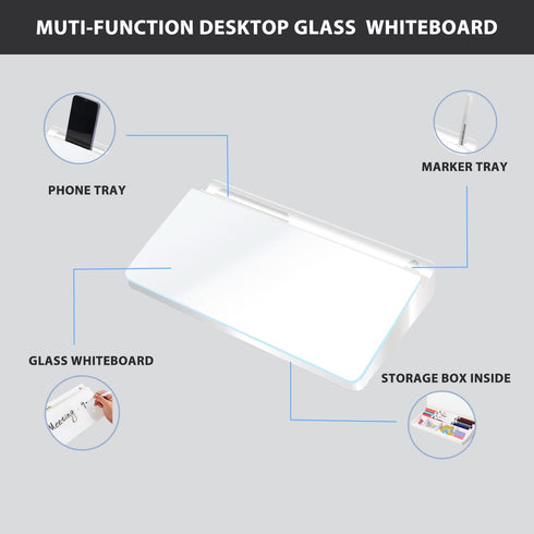 Glass Desktop Whiteboard, Dry Erase Board with Accessories for Office, Keyboard Stand & Organizers, 2 Markers, 1 Eraser