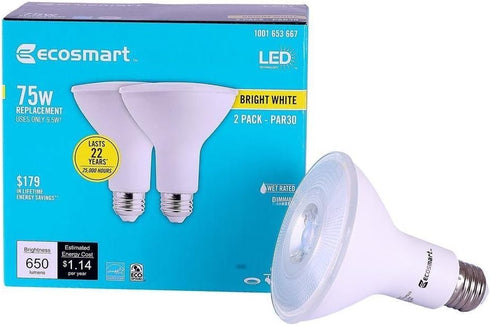 EcoSmart 75W Bright White PAR30 Dimmable LED Flood Light Bulb2-Pack 1001653667