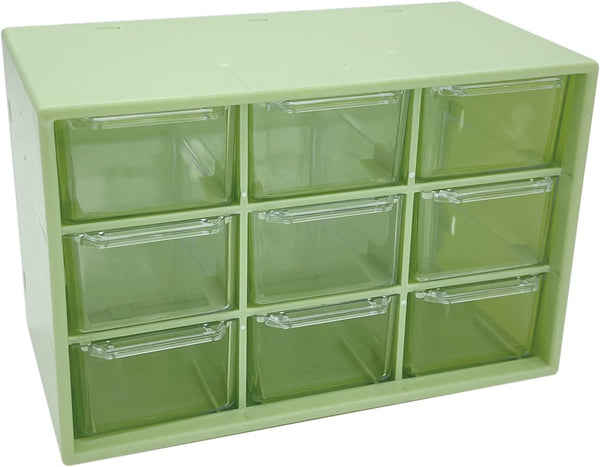 Mini Desktop Drawer Box, 9 Compartments Plastic Desk Organizer for Office, School, Jewelry Storage (Green)