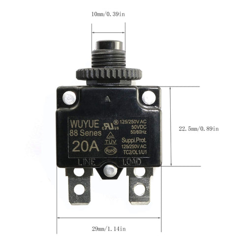 1-Pack Thermal Switch Circuit Breaker Overload Protector, 20A Mini Size Push Reset Button