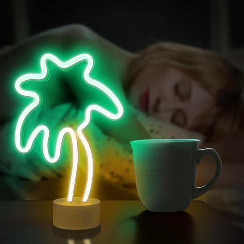 Lumoonosity Palm Tree Lights - Green & Yellow Palm Tree Neon Sign for Bedroom, Game Room - Battery/USB Powered Coconut