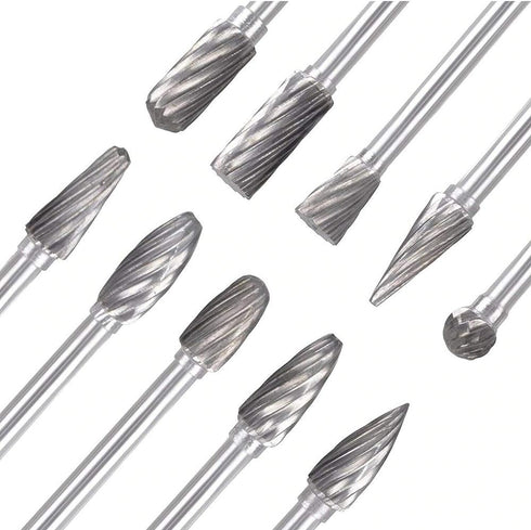 10pc Tungsten Carbide Burr Set, 1/4" Shank Double Cut Rotary Cutting Bits for Woodworking