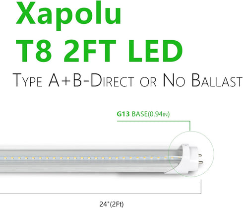 2FT LED T8 T10 T12 Type A+B Tube Lights, 15W 5000K 2100lm, F20T12/F30T8 Fluorescent Light Bulbs Replacement, Ballast Compatible or Bypass, Dual-Ended, Clear Lens, DLC&UL Listed, 1-Pack by Xapolu