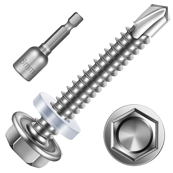 150pcs #12×1-1/2" Self Tapping Screws, 410 Stainless Steel, Hex Washer Head Self Drilling Screws, Corrosion Resistant