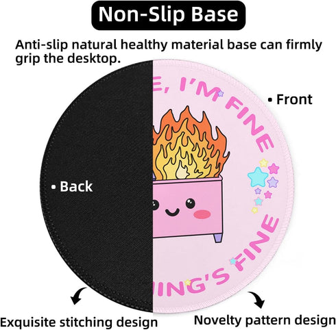 Dumpster on Fire Small Mouse Pad, Cute Funny Round Mousepad with Non-Slip Rubber Base, This Is Fine Mouse Pads for Desk