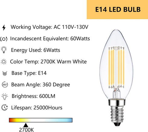 LED Light Bulbs E14 Base Warm White 2700K 60W Dimmable European Light Bulbs for Turkish Lamp, E14 Bulb 6W LED Candle Bulb, 6 Pack by Sunaiony