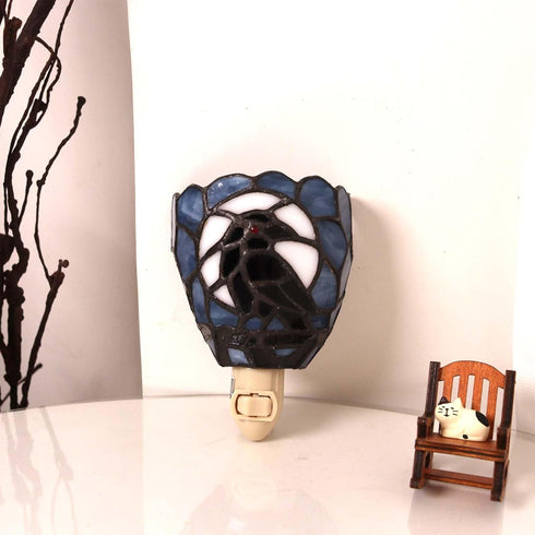 L12022 Bieye Tiffany Style Stained Glass Raven Plug-in Night Light Gothic Crow and Full Moon Design Bedside Wall Lamp